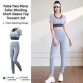 Professionelles graublaues Yoga-Set mit Oberteil im Lagen-Look und langen Leggings - Grauer See Blau + Grauer See Blau
