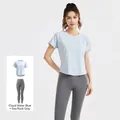 Women's light blue fitness T-shirt and grey high waist leggings set for gym sports - S / Top And Bottom / Cloud Blue And Sea Rock Gray
