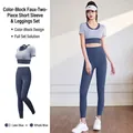 Zweiteiliges Yoga-Set mit kurzärmeligem Oberteil und Leggings in Graublau und Dunkelblau - Seeblau + Walblau