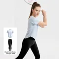 Women's two-piece sports set featuring a light blue T-shirt and black leggings outfit - S / Top And Bottom / Cloud Blue And Starry Black