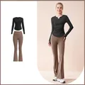 Zweiteiliges V-Ausschnitt Yoga-Set mit Schlaghose in Shining Black und Cocoa für Damen Fitness - Sternenschwarz + Kakao