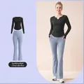 Damen Yoga-Set mit gerafftem V-Ausschnitt, Langarm-Top und Schlaghose in Schwarz-Blau - Sternenschwarz + Grauseeblau