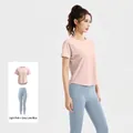 Women's fitness set with light pink short sleeve t-shirt and grey-blue high waist leggings - Light Pink + Gray Lake Blue