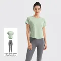 Women's yoga fitness set including light green mesh T-shirt and grey high waist leggings - Light Bean Green + Sea Salt Grey