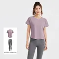 Women's 2-piece fitness set featuring lavender mesh t-shirt and grey high waist leggings - Lavender Pink + Sea Rock Grey