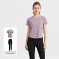 Women's fitness set with dusty pink mesh T-shirt and black high-waist leggings - Lavender Pink + Starry Black