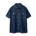Classic men's short-sleeve cotton denim shirt in Japanese casual slim fit style - M / Tops / Dark Blue