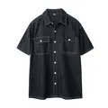 Men's dark grey short sleeve cotton denim shirt featuring white contrast stitching details - M / Tops / Black