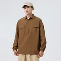 Men's vintage brown waffle texture casual long sleeve shirt with double pockets - M / Tops / Coffee