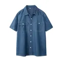 Men's Japanese style short-sleeve blue cotton denim shirt with chest pockets - M / Tops / Light Blue