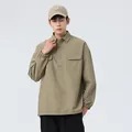Men's retro waffle knit seersucker casual shirt with semi-open collar in olive green - M / Tops / Bean Green