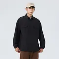 Relaxed fit black waffle-textured long-sleeve casual shirt with chest pockets - M / Tops / Black