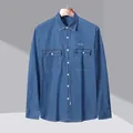 Blauw heren denim overhemd met lange mouwen, dubbele zakken en borduursel - S/38 / Top (C2033) / Blauw