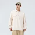 Men's off-white waffle knit long sleeve casual shirt with half-placket and pockets - M / Tops / White