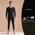 Men's black wool silk fleece thermal underwear set with round neck and high elasticity - M / Top And Bottom / Black