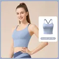 Lichtblauwe yoga-sportset met kleurblokken, inclusief sportbeha en legging met hoge taille - S / Tops / Grijsblauw