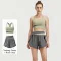 High-waist sports bra and shorts yoga set in cardamom green and sea rock gray colors - S / Top And Bottom / Cardamom Green + Sea Rock Grey