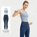 Tweeledige yoga-fitnessset met grijsblauwe beha en donkerblauwe hoge taille legging - S / Boven- En Onderstuk / Meerblauw + Walvisblauw