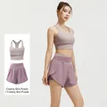 Women's high-elastic sports bra and shorts yoga set in creamy mauve for fitness - S / Top And Bottom / Nude Purple + Nude Purple