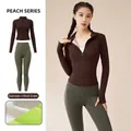 Ensemble de yoga doublé polaire avec veste café et legging vert olive pour l'hiver. - S / Haut Et Bas / Café Distillé + Vert Olive