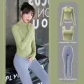 Set sportivo con giacca verde a maniche lunghe e leggings yoga lilla per palestra - Taglia M / Set / Verde Cardamomo + Blu Lago Grigio