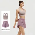 Two-piece women's yoga set featuring milk tea grey sports bra and purple athletic shorts - S / Top And Bottom / Milk Tea Grey + Milky Purple