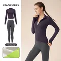 Ensemble de yoga doublé avec veste slim violette et legging gris anthracite taille haute - S / Haut Et Bas / Prune + Gris Canon