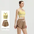Two-piece yoga fitness set with sports bra and shorts in lemon yellow and cocoa - S / Top And Bottom / Lemon Yellow + Cocoa Color
