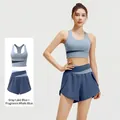 Two-piece yoga set with sports bra and shorts in greyish and whale blue shades. - S / Top And Bottom / Lake Blue + Whale Blue