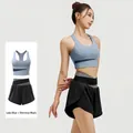 Women's 2-piece yoga set with grey blue sports bra and black fitness shorts for gym. - S / Top And Bottom / Grey Lake Blue + Starry Black