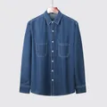 Chemise en jean élégante pour homme, coupe ajustée, manches longues et deux poches poitrine bleues - M/39 / Haut (C3002) / Bleu clair