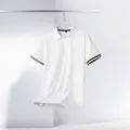 White men's short-sleeved polo shirt with striped cuff details, business casual style. - M / Tops / White (PY45)