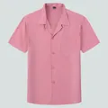 Premium men's short sleeve shirt in soft pink with a stylish Cuban collar - M / Tops / Dusty Pink