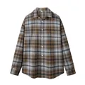 Oversized καφέ και γκρι καρό unisex casual πουκάμισο σε μινιμαλιστικό κορεατικό στυλ - M / Tops / Μπλε & Καφέ Καρό