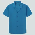 Men's relaxed fit solid blue short sleeve shirt with a classic Cuban collar and chest pocket - Teal
