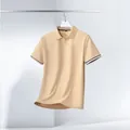 Minimalist apricot ice silk men's short sleeve polo shirt with striped cuffs for business - M / Tops / Khaki (PY45)