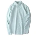 Men's long-sleeve cotton Oxford shirt featuring mint green and white vertical stripes - S / Tops / Green Stripe