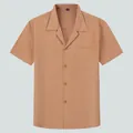 Men's casual relaxed fit short sleeve shirt with Cuban collar in camel brown color - Khaki