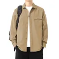 Men's khaki pure cotton long-sleeve shirt with chest pocket and button-down front. - Khaki