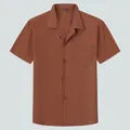 Classic brown Cuban collar short-sleeved shirt for men with a relaxed fit and pocket - Coffee
