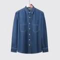 Chemise en jean bleue à manches longues pour homme avec doubles poches de poitrine - M / Hauts / Bleu Clair (C3002)