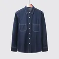 Chemise en jean bleu marine pour homme avec deux poches et coutures contrastées - M / Hauts / Bleu Foncé (C3002)