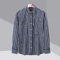 Premium men's vertical striped long-sleeve shirt for business casual wear in navy blue - M / Tops / Navy Stripes