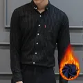 Men's black pinstripe warm fleece-lined Oxford cotton shirt with soft inner lining - 38 / Tops / Solid Black