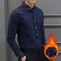 Men's navy blue pinstripe oxford shirt with warm fleece lining for autumn/winter - 38 / Tops / Navy Blue