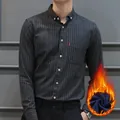 Men's grey vertical striped Oxford shirt with warm fleece lining and chest pocket design - 38 / Tops / Dark Gray