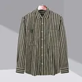 Men's olive green and white vertical striped long sleeve shirt for business casual wear - M / Tops / Green Stripe