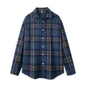 Chemise décontractée à manches longues en flanelle à carreaux bleu et marron - M / Hauts / Carreaux Bleu Marine (C3019)