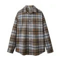 Chemise décontractée à manches longues pour hommes à carreaux marron et bleu, coupe ample - M / Hauts / Carreaux Bleu et Marron (C3019)