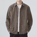 Classic men's casual long-sleeve shirt in yellow and navy blue checkered plaid pattern. - M / Tops / Warm Yellow Plaid